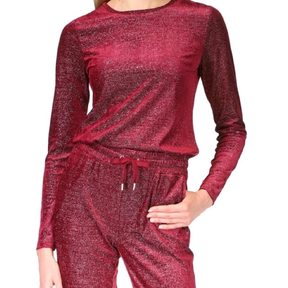 Michael Kors Women's Velvet Shimmery Long Sleeve Top in Red Burgundy Siz…